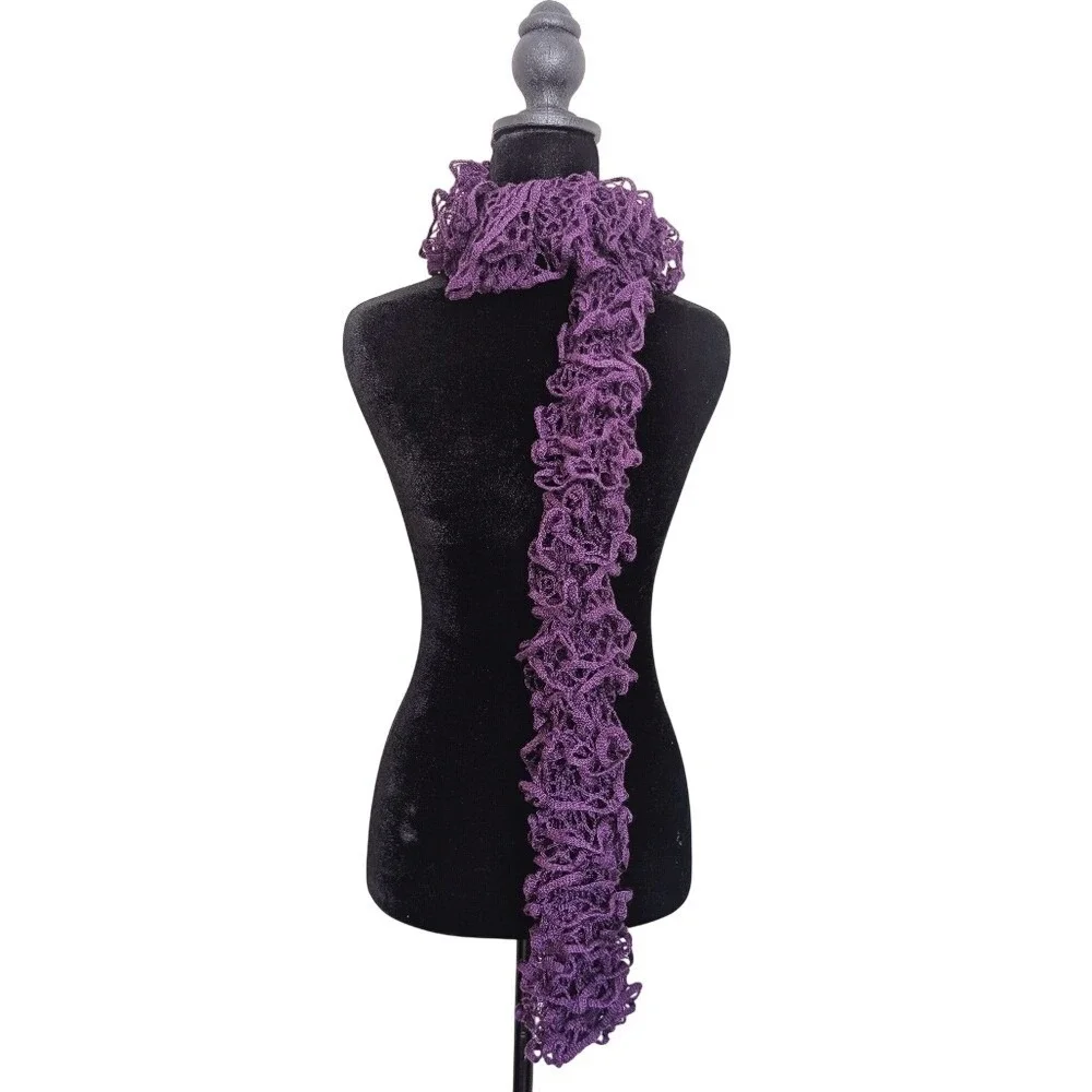 Handmade Y2K Whimsigoth Indie Sleaze Purple Crochet Ruffle Skinny Scarf